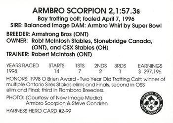 1999 Harness Heroes #2 Armbro Scorpion Back